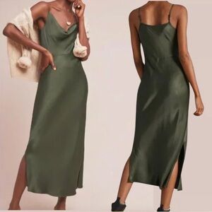 Anthropologie deep olive green satin cowl neck slip dress.